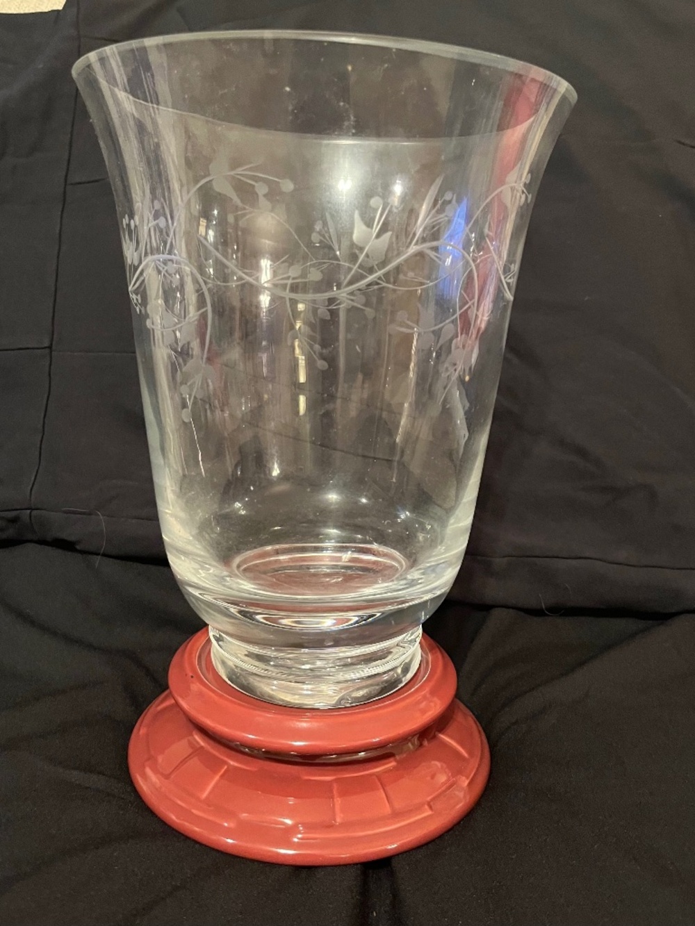 Longaberger Etched Glass Hurricane Vase with Woven Traditions Pottery Base